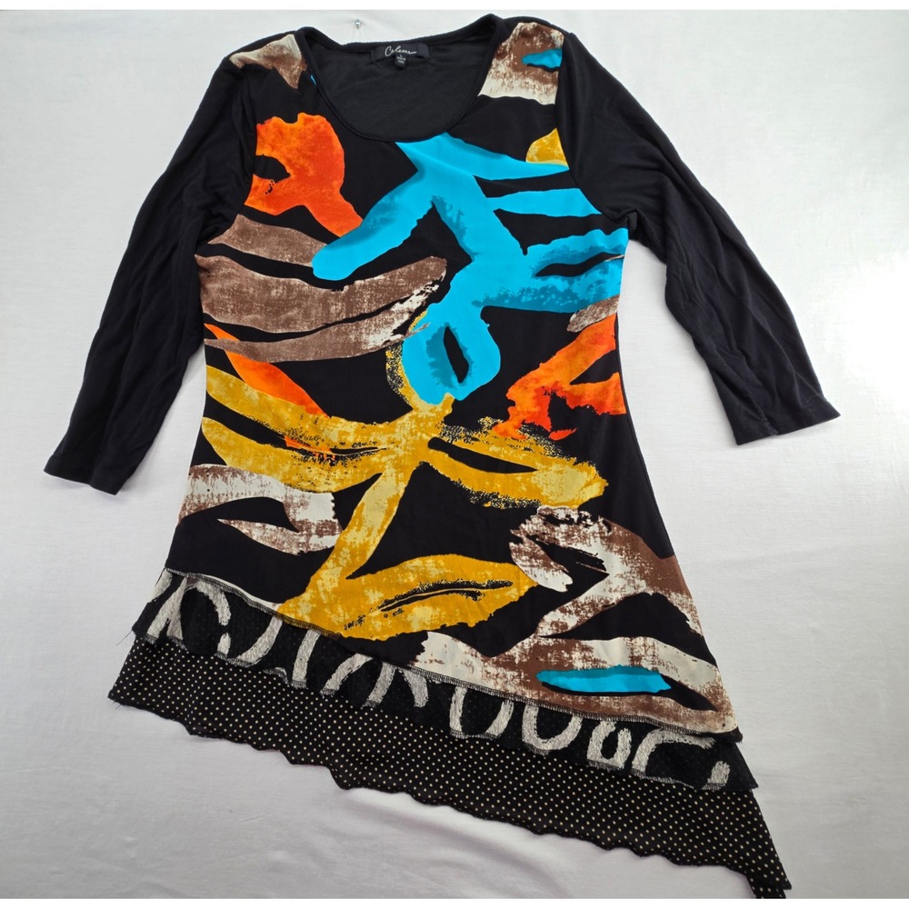 Caleesa Tunic Top Womens Large Black Multi Abstract Asymmetrical Layered Artsy
